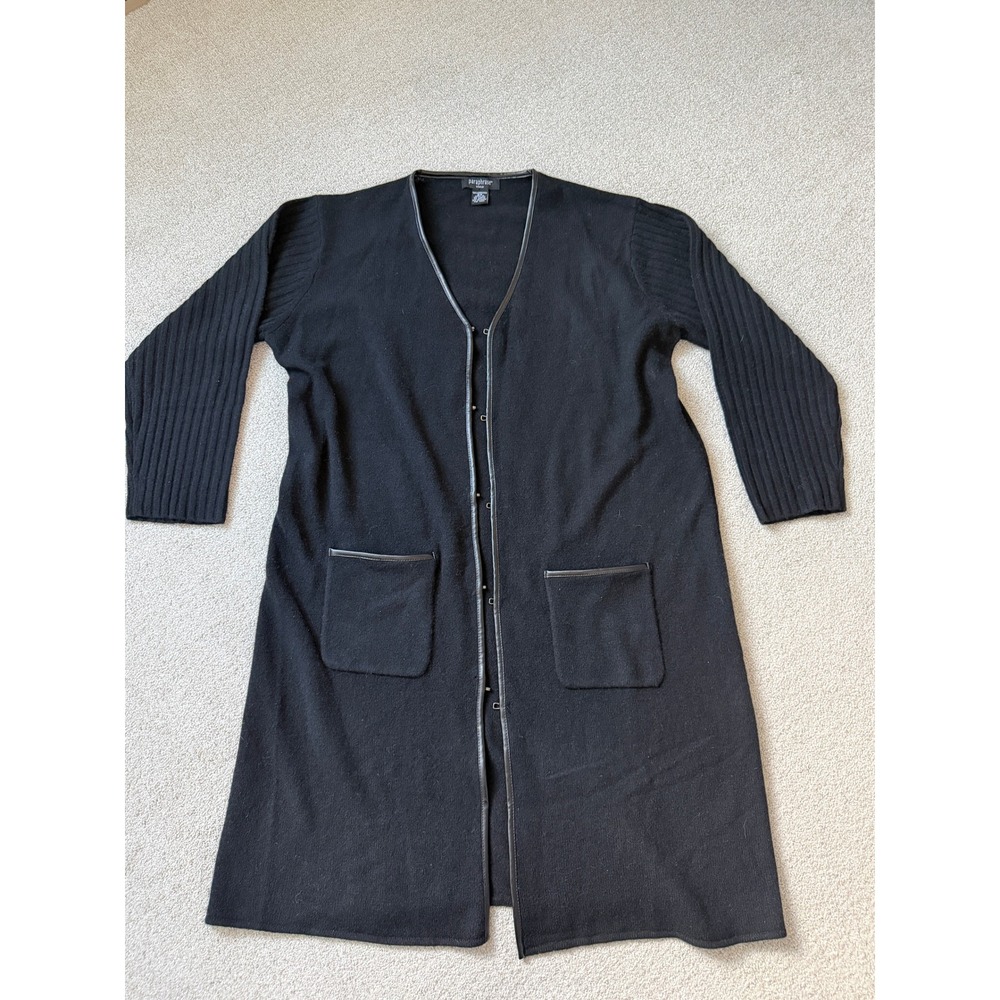 Paraphrase Woman Black 100%‎ Lambswool Longline Cardigan Faux Leather Trim 2X